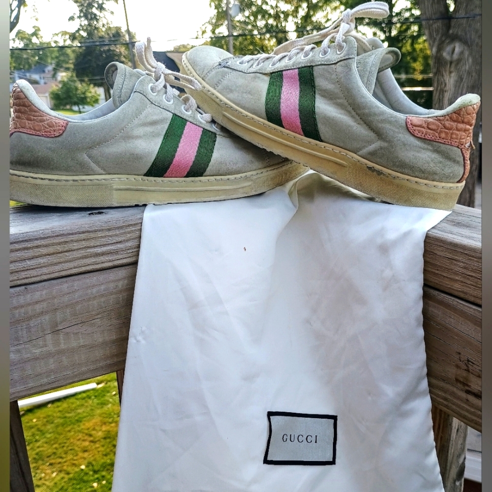 Gucci Sneakers Leather Unisex 37.5 Pink Gray and Green
